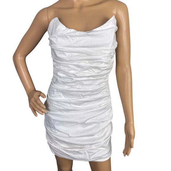 Miss Circle Women's Ruched Strapless Mini Dress White Gold Back Zipper White Out - Picture 2 of 10